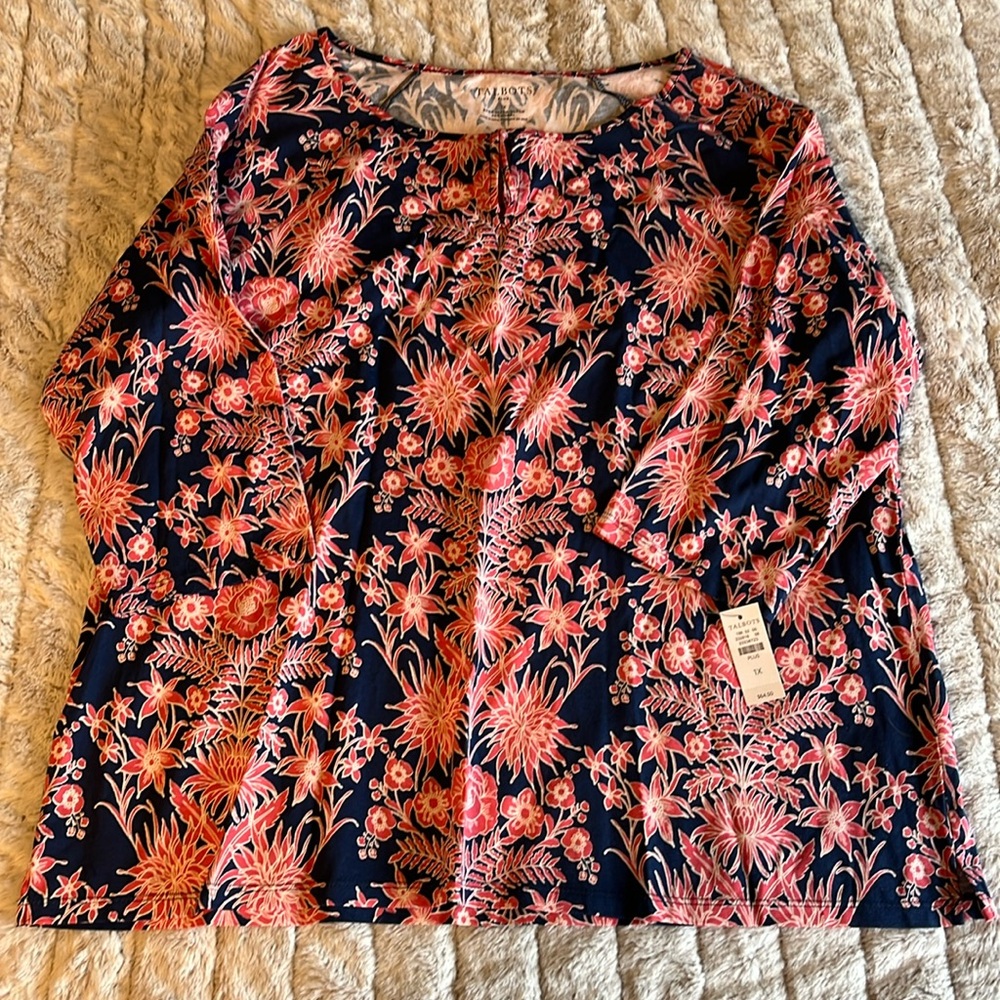 Talbots Blue and Pink 3/4 Sleeve Boxy Blouse